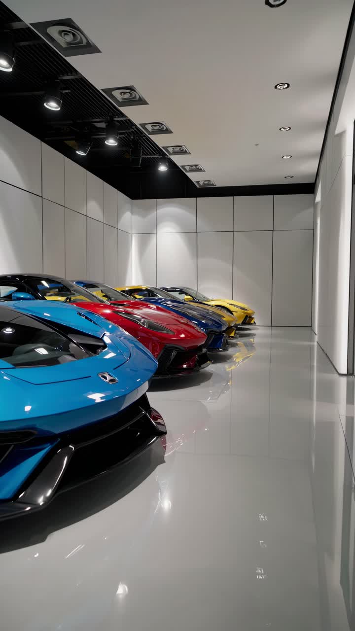 Sleek showroom video angle showcasing luxury sports cars in vibrant colors, captured from a low side