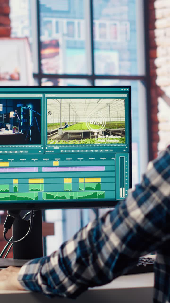 Vertical video Video editor analyzing film montage on computer