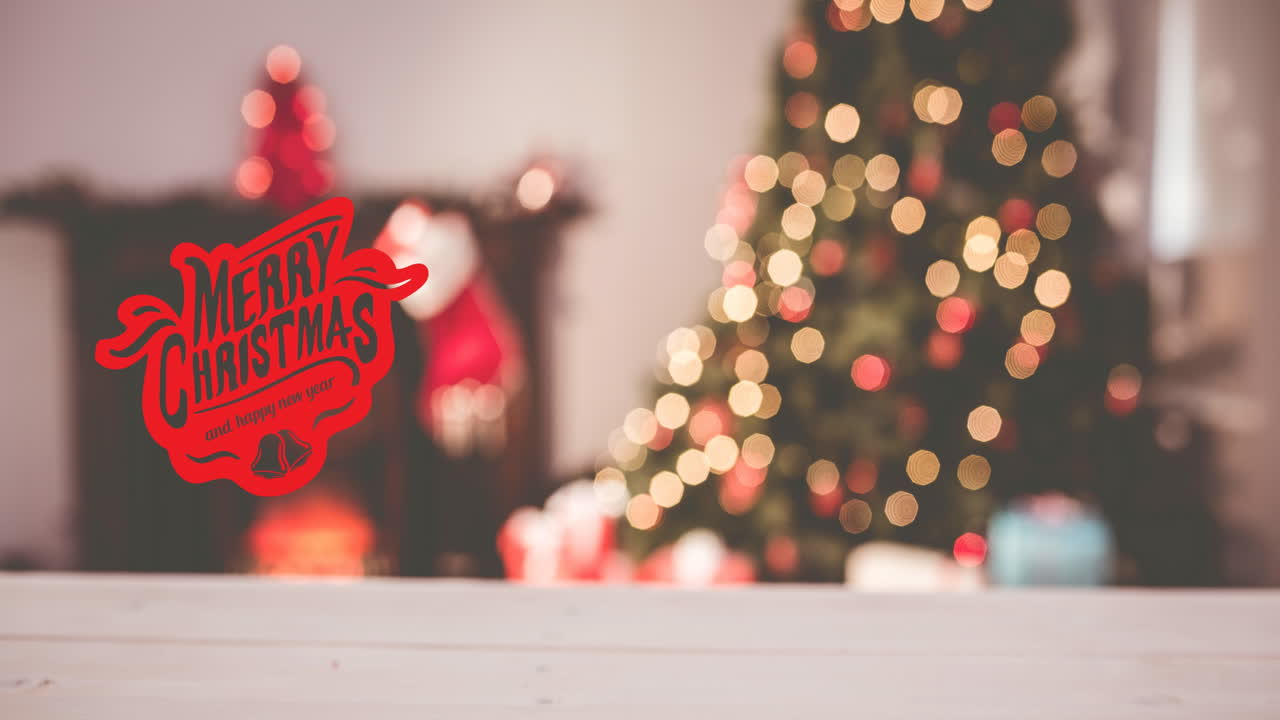 animación del texto de feliz navidad sobre el árbol de navidad