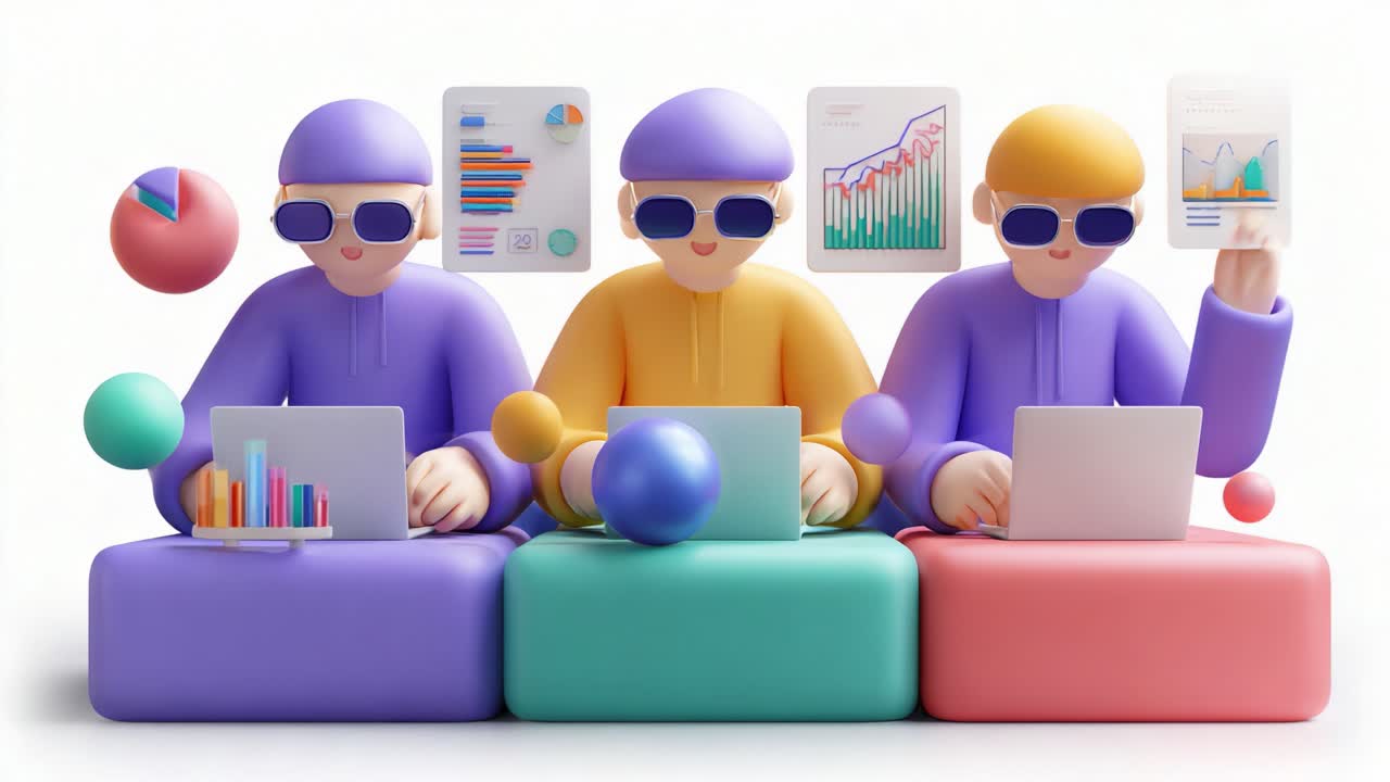 A Colorful Collaboration: Three Stylish Characters Engaged in Data Analysis and Digital Interaction with Vibrant Graphs and Presentations in a Playful Environment