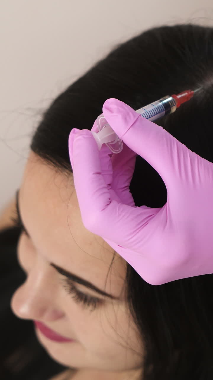 Needle mesotherapy. cosmetologist makes injections in woman head. strengthen the hair and their growth Vertical video