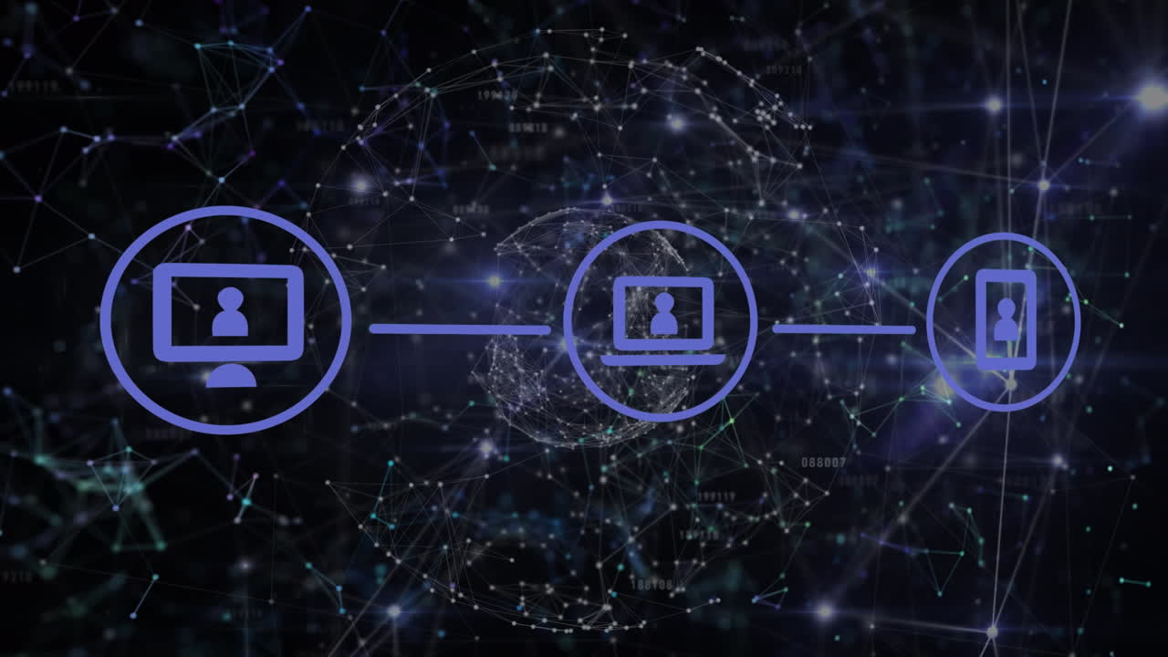Animation of network of connections with icons over black background