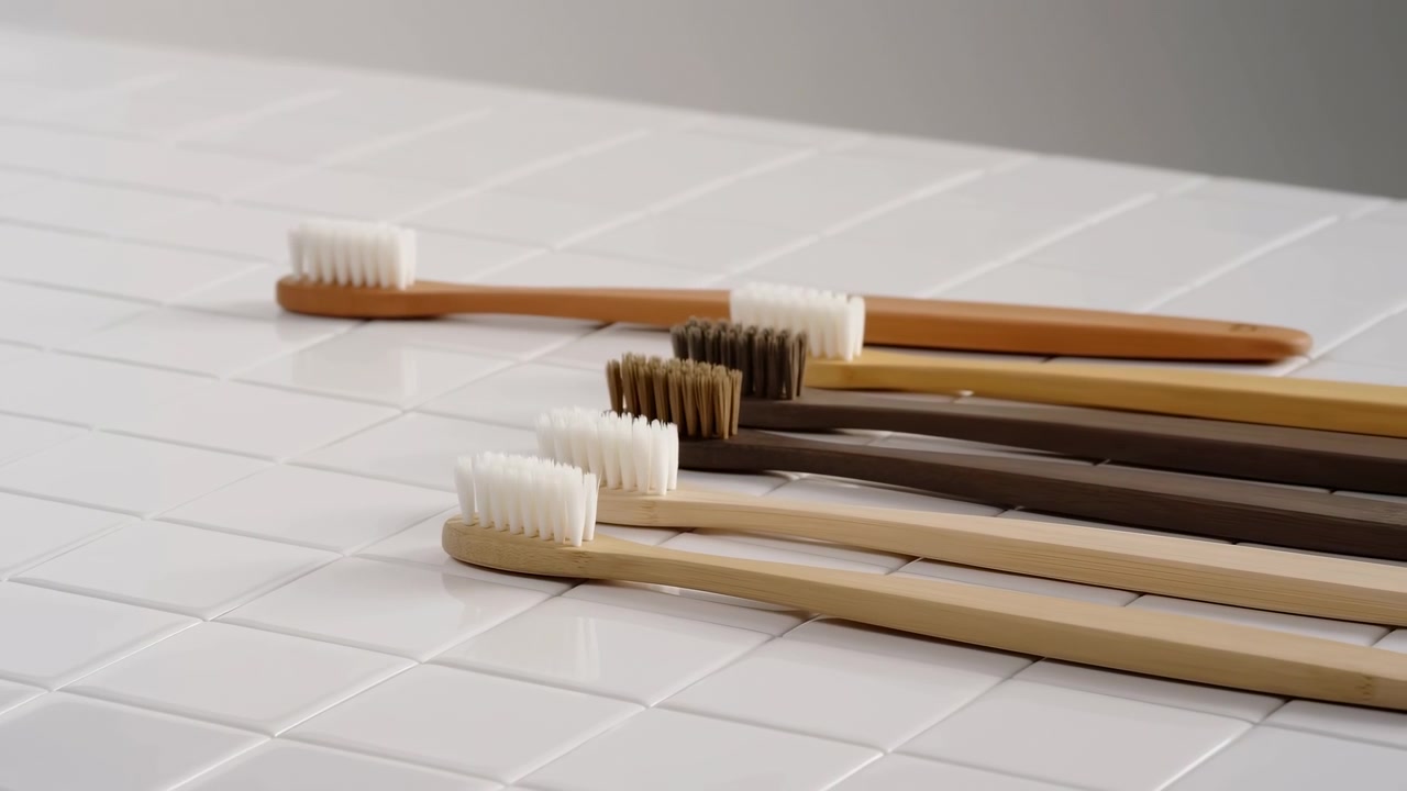 Uma visão aproximada move-se gradualmente ao longo de várias escovas de dentes manuais dispostas diagonalmente sobre azulejos quadrados brilhantes, mostrando cabos de madeira clara e escura, cerdas brancas e marrons, luz suave e foco superficial