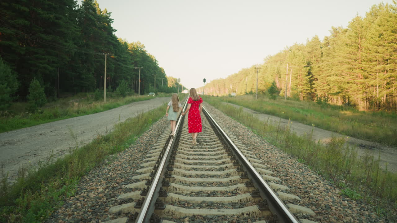 rear view of girl losing balance on rail beam as mother in red dress firmly holds her hand to prevent fall while walking along railway track with distant parked car and roadside utility poles visible