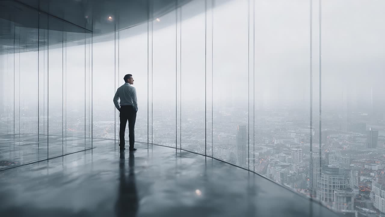 Contemplation from Heights: A Man Gazes Over a Misty Cityscape From a Glass Observation Deck, Embracing the Urban Ambience and Future Possibilities