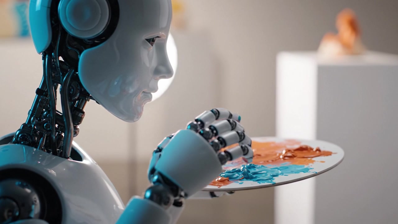 En robotkunstner skaber omhyggeligt et levende mesterværk, blander dygtigt farver på en palet, samtidig med at den demonstrerer avanceret kreativitet og præcision inden for kunst.
