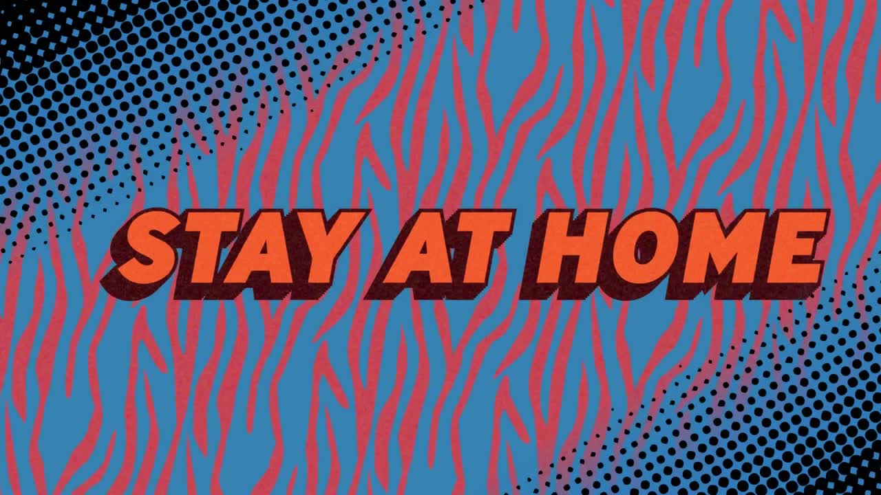 파란색과 빨간색 배경 위에서 집에 머무르는 텍스트의 애니메이션