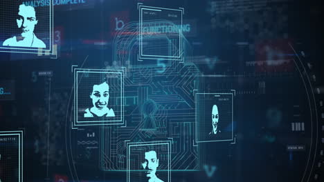 animación de múltiples iconos de perfil sobre el icono de candado de seguridad y procesamiento de datos de ciberseguridad