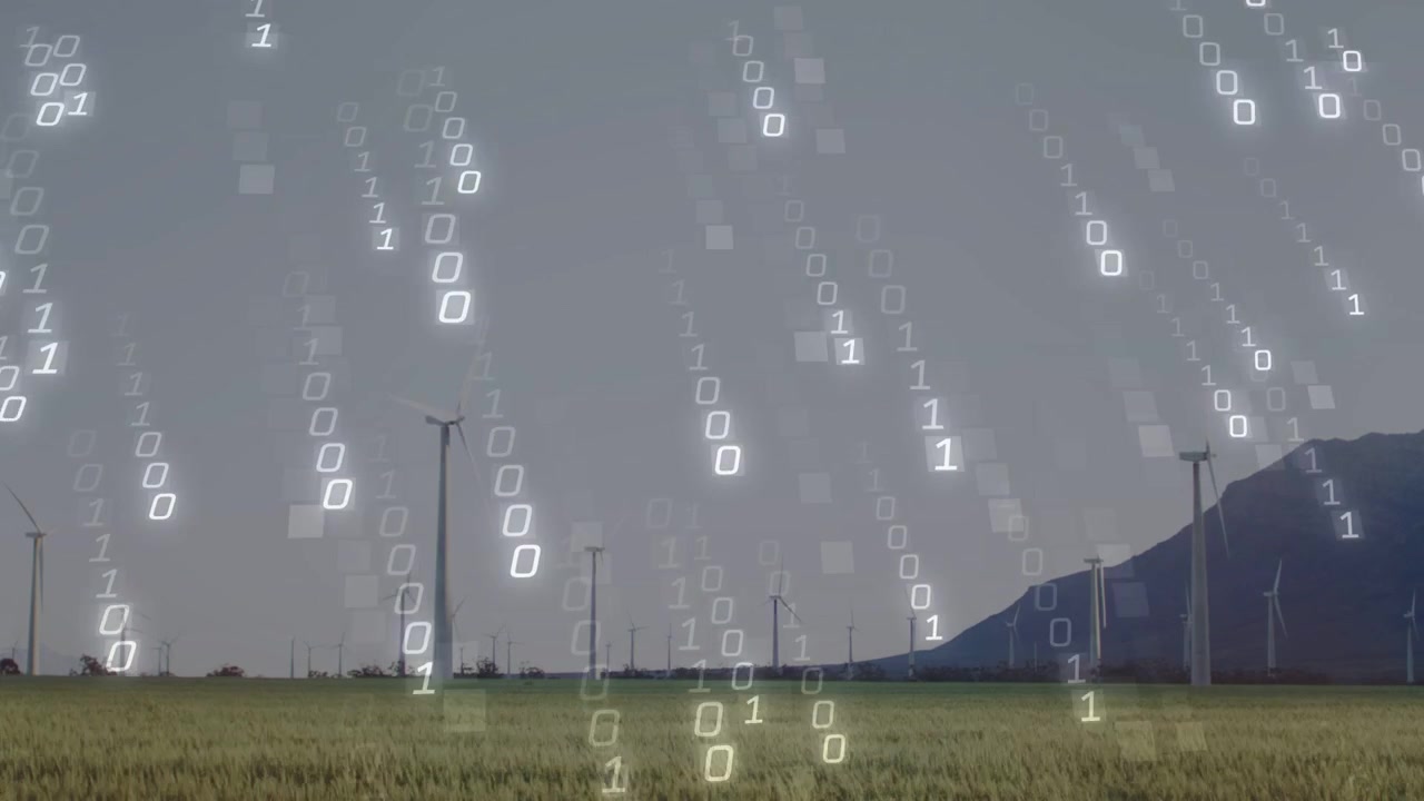 Deboli strisce binarie che appaiono in alto nel cielo, che cadono in diagonale sulle turbine, mostrando pioggia digitale