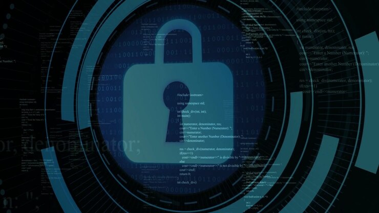 Avvio del sistema: HUD circolare che si forma attorno a un lucchetto, anelli che si allineano sul codice, segnalando la crittografia.