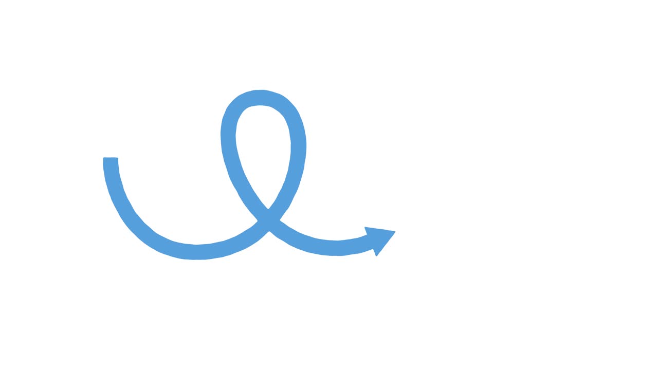 Blue arrow draws continuous looping curves on white background, smooth transitions, minimalistic vector animation