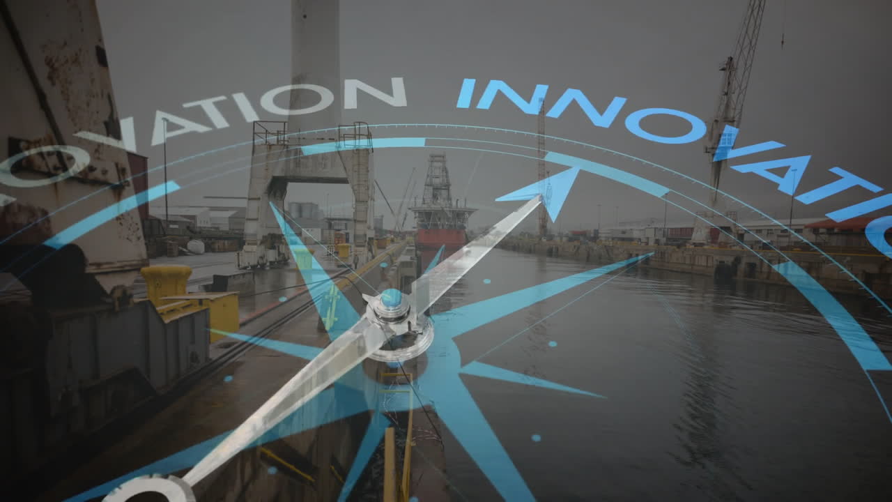 Compass and innovation text animation over industrial shipyard scene
