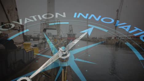 compass and innovation text animation over industrial shipyard scene