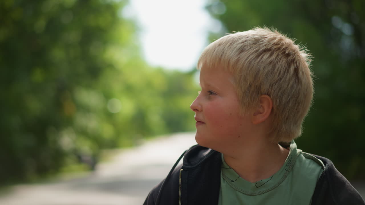 Child Observes Street, Youth Views Quiet Neighborhood, Young Lad Gazes At Peaceful Neighborhood Surroundings, Young Boy From Side Observes Tranquil Suburban Street With Trees Lining It