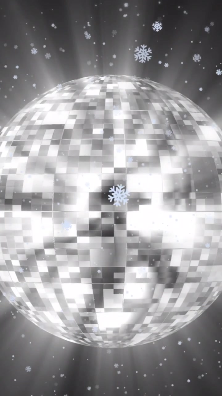 Animazione di sfera da discoteca e neve che cade su sfondo nero