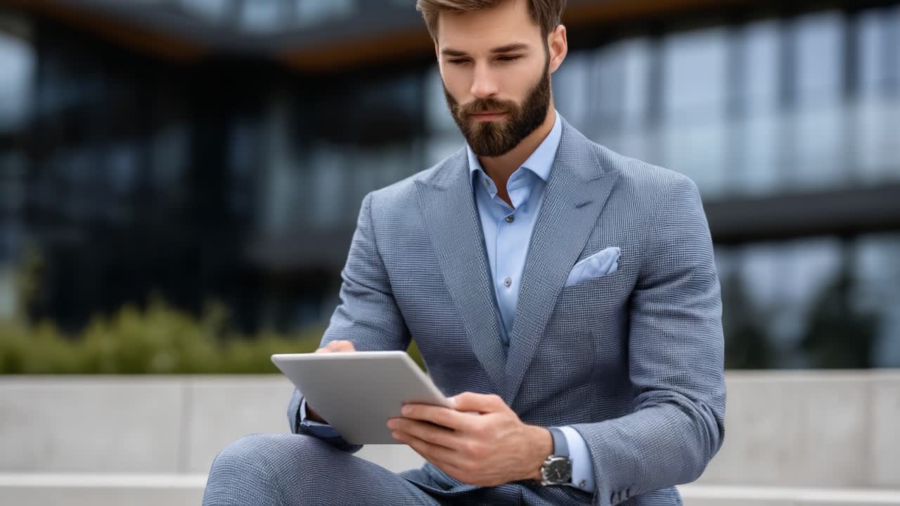 A man dressed in a sophisticated blue suit sits outdoors, focused on reading or working on a tablet, exuding a sense of professionalism and style