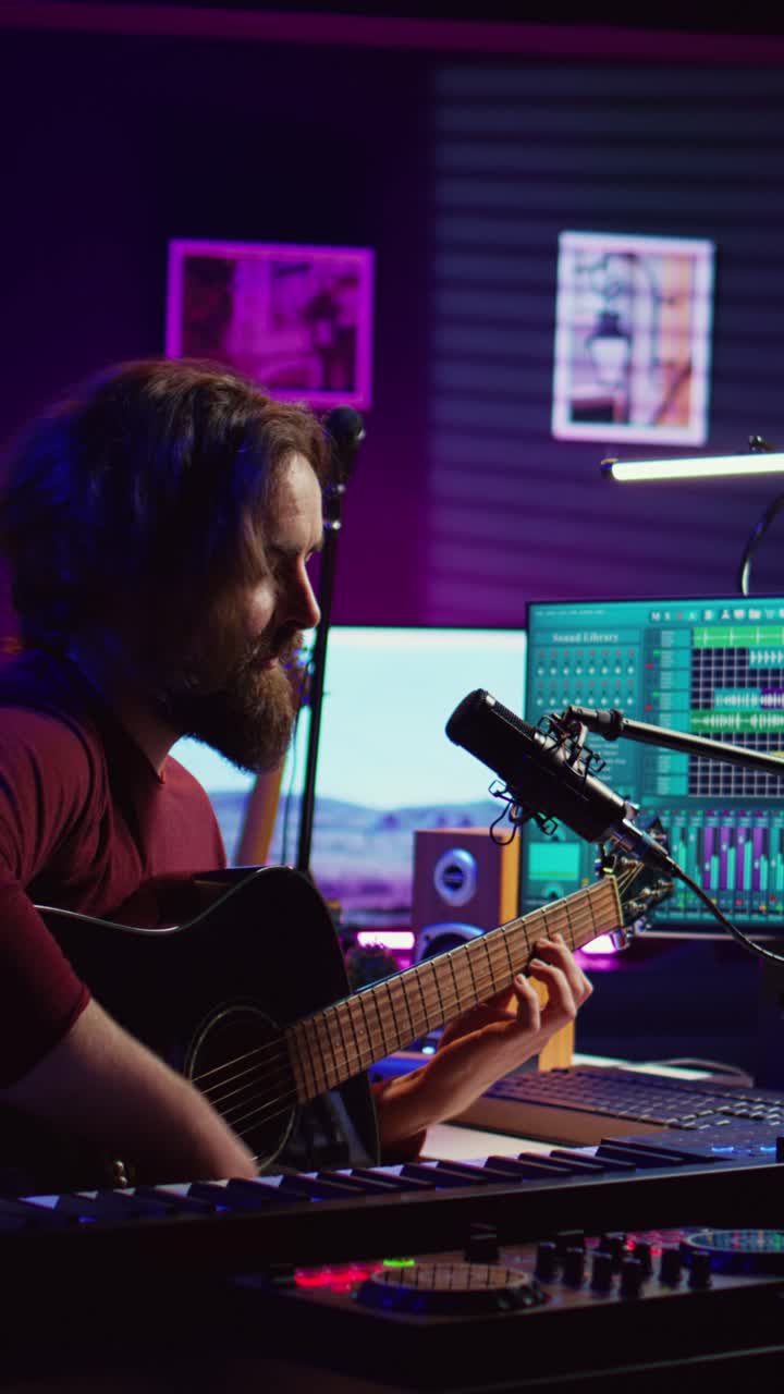 Man spelar akustisk gitarr och sjunger i en musikstudio hemma