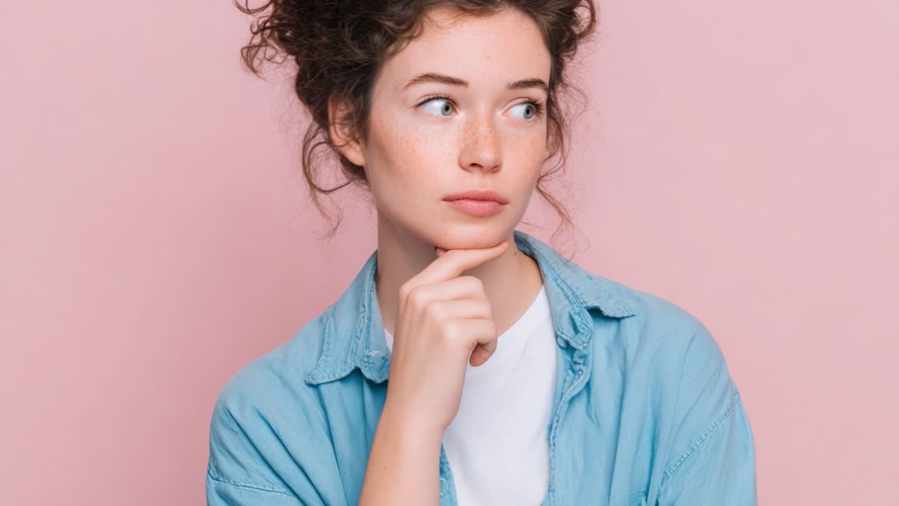 Giovane donna contemplativa che riflette sui suoi pensieri su uno sfondo rosa tenue, con capelli ricci e un'espressione pensierosa, mentre indossa un abbigliamento casual.