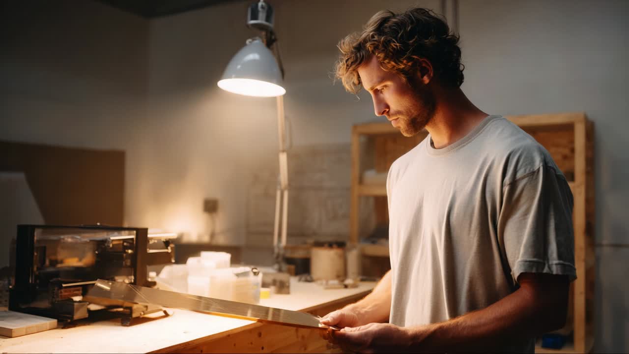 Craftsman Examines Material with Precision and Care in Workshop: A Visual Representation of Skill, Focus, and Creative Process Under Soft Lighting and Suitable Work Environment