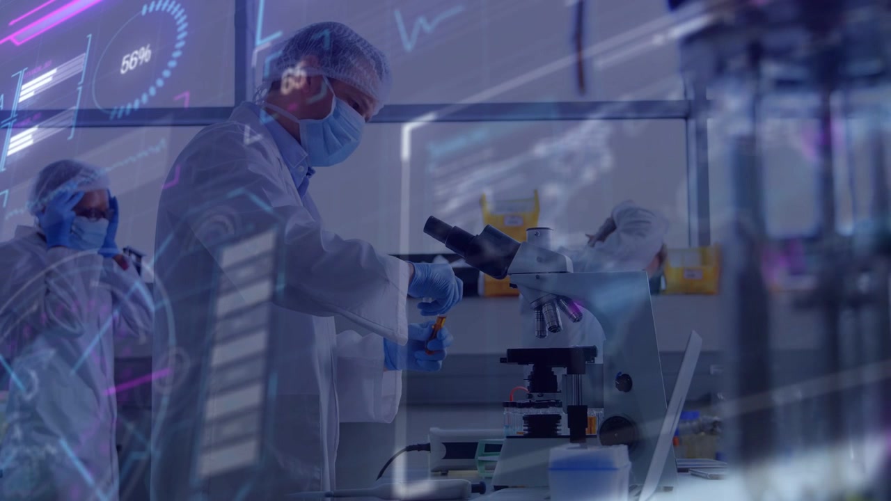 Lab scientist placing sample under microscope and starting live data analysis with animated graphs
