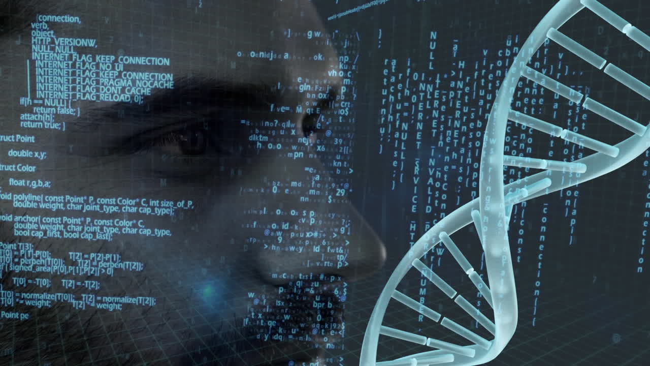 animación de la hilera de adn girando y procesamiento de datos sobre la cara del hombre