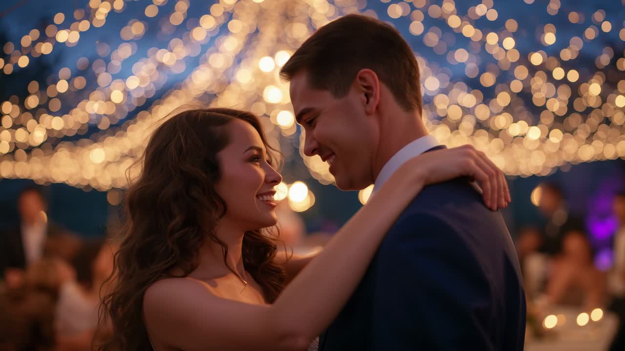 Music starting, couple leaning closer while dancing at reception under string lights, in dress suit