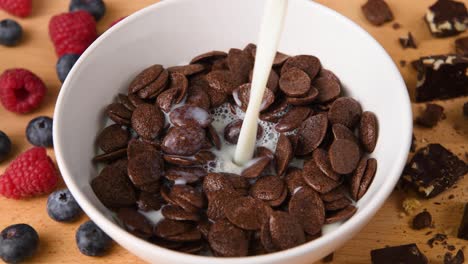 shot of milk being poured into a bowl of chocolate cereal