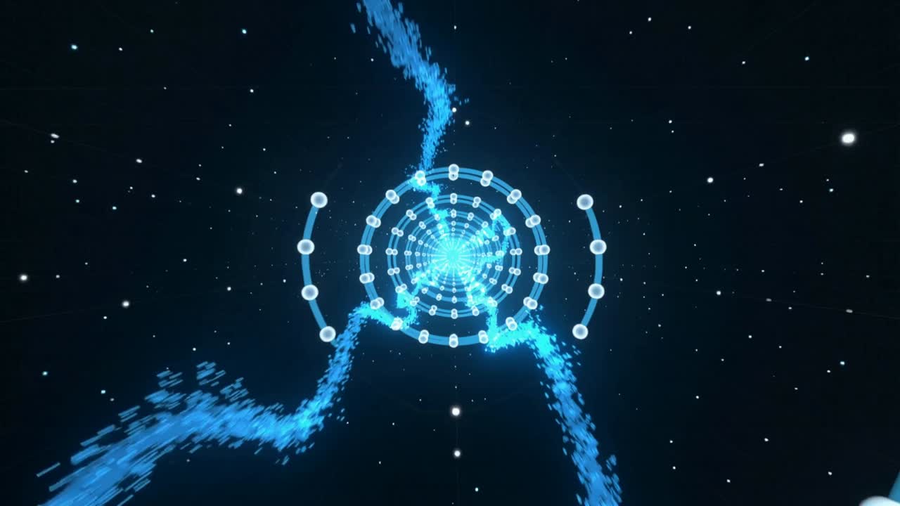 Rotating central rings channeling blue stream entering top in starfield pulsing nodes feeding core