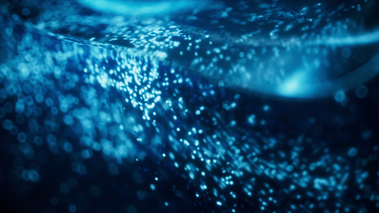 Blue glowing particles in glass geometry, 3d rendering.