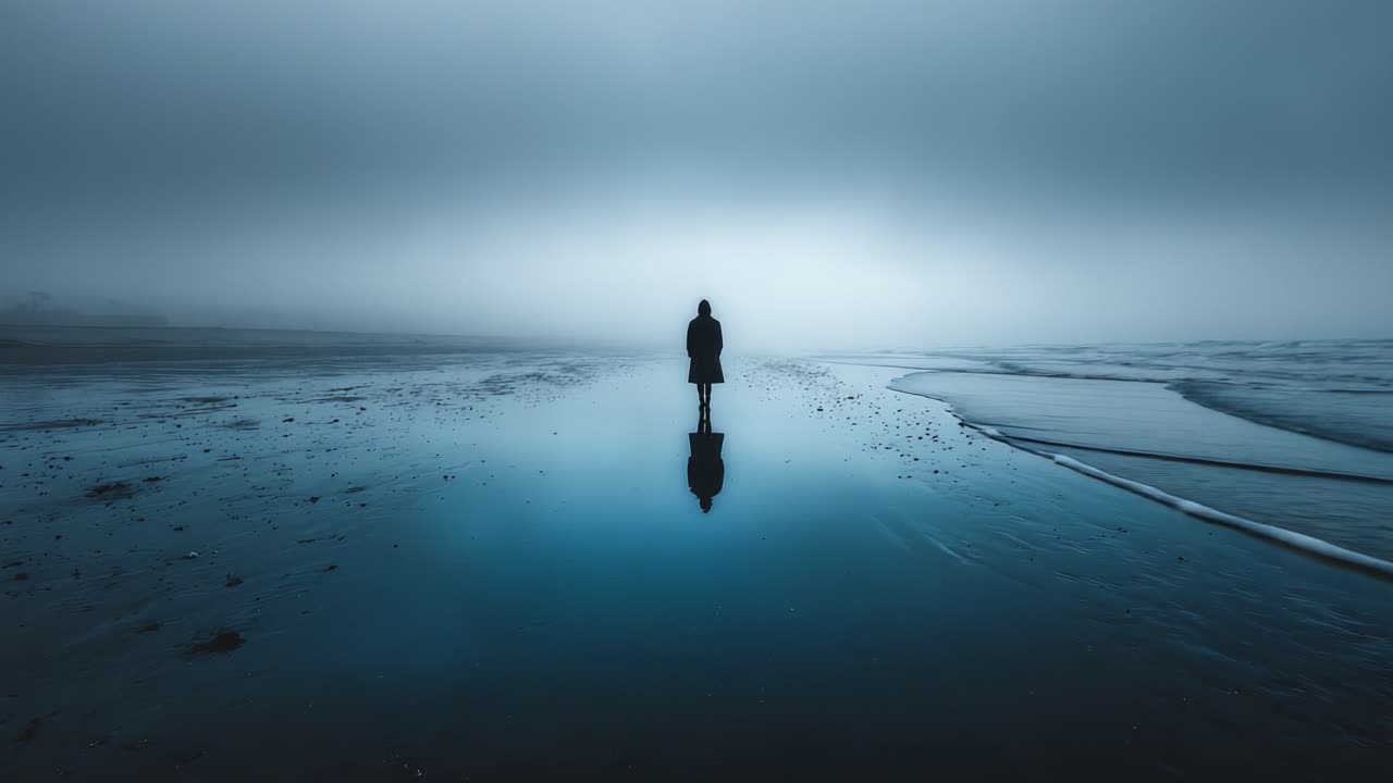 A Solitary Figure Stands at the Edge of a Misty Beach, Mirroring the Tranquil Horizon and Embracing the Calmness of Nature's Serenity