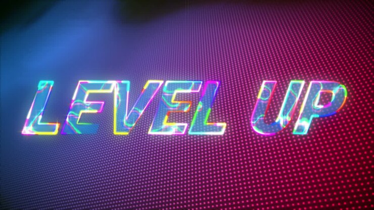 Animation af glødende 'level up'-tekst over en pink og blå baggrund