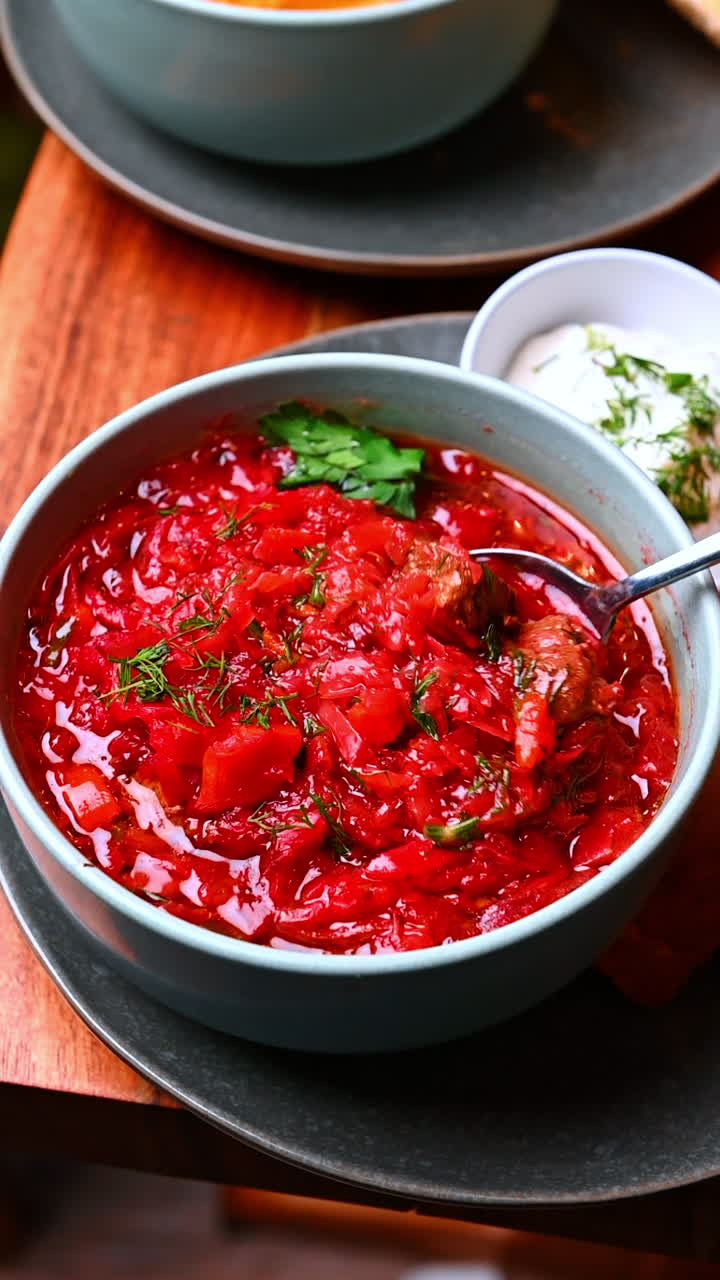 Steaming beet soup with toast. Steaming beet soup served with toasted bread on a wooden table
