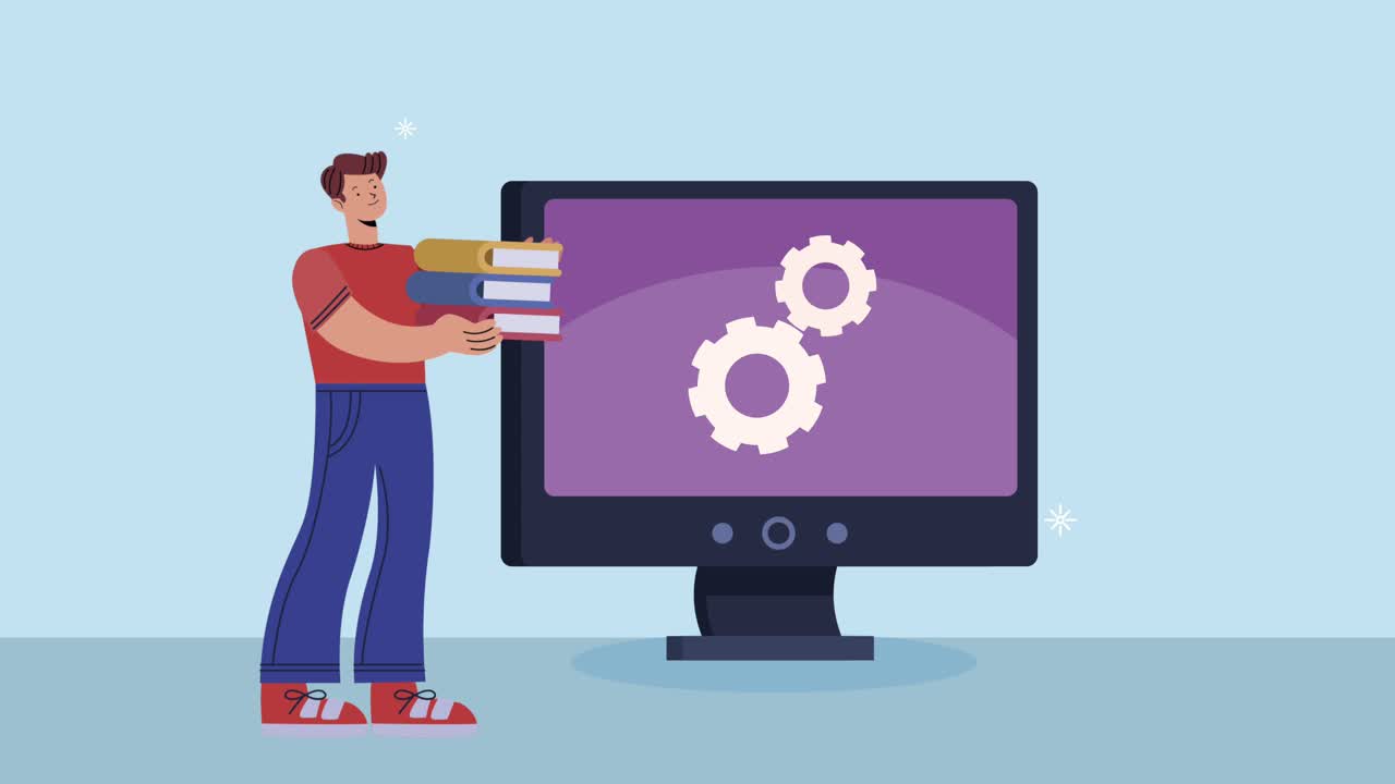 young man lifting books with desktop animation