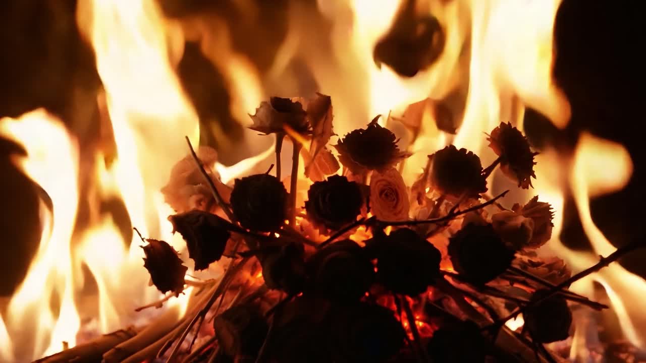 장미의 꽃줄이 격렬하게 불타고, 밝은 오렌지색 불꽃에 싸여 파괴와 손실을 상징합니다.