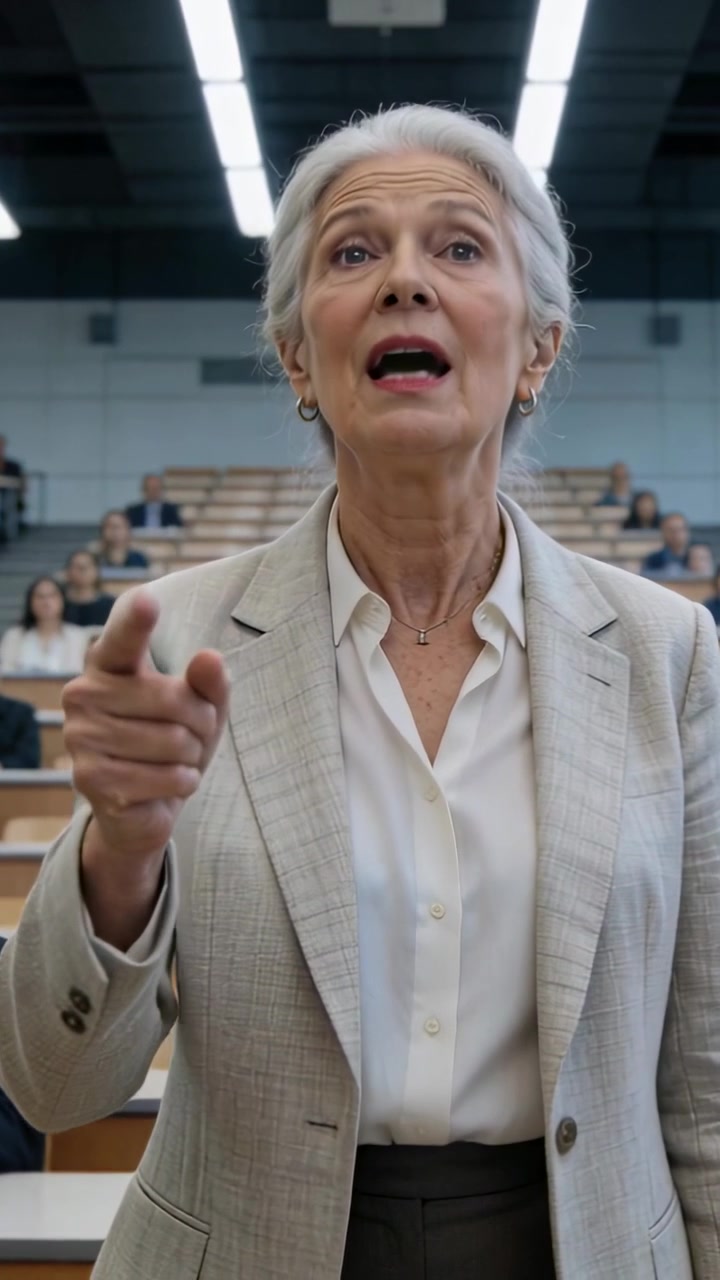 Senior lecturer raising hand and pointing, speaking to clarify detail in education tiered benches
