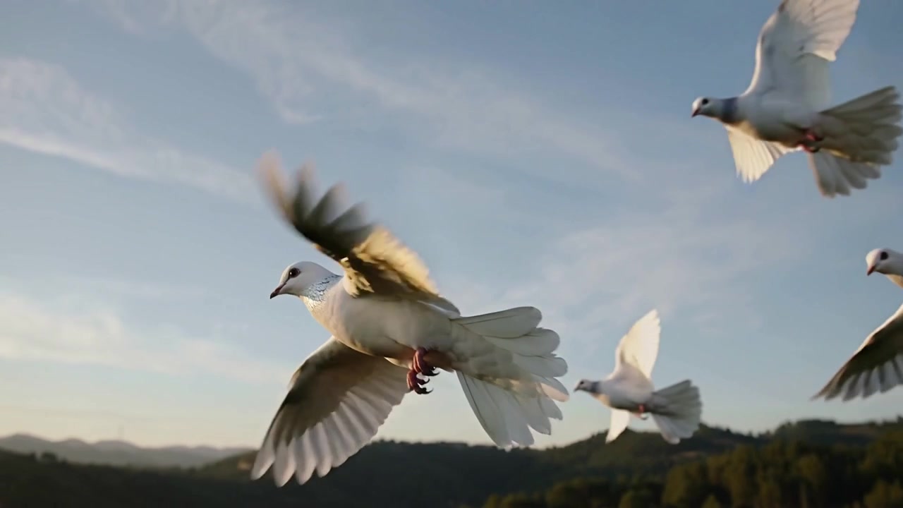 Opening wing, white doves lifting off, joining and flying over wooded hills, sunlight gilding wings