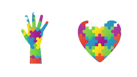 animation of colourful puzzle pieces autism awareness month heart and hand