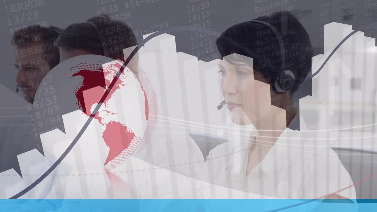 헤드 ⁇ 을 착용 한 다양한 사람들 위의 금융 데이터 처리 및 지구의 애니메이션