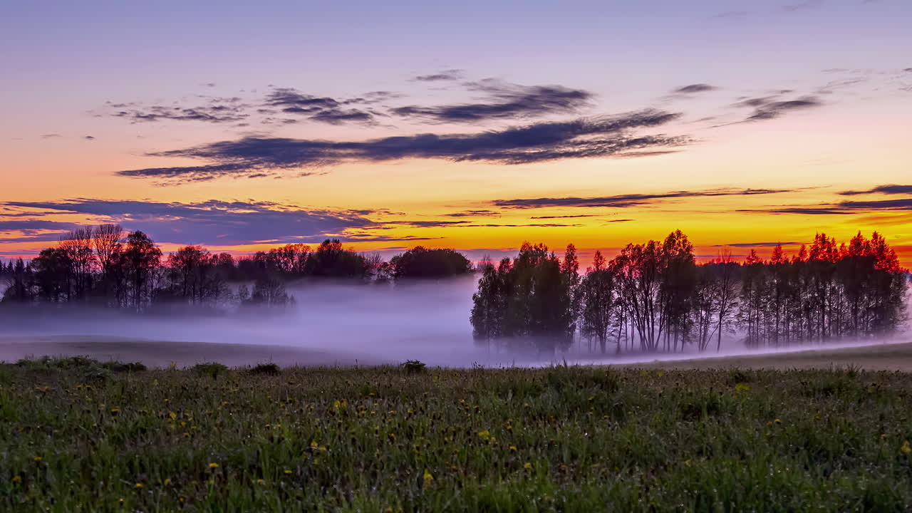 escénico vibrante atardecer lapso de tiempo de niebla que fluye sobre tierras de cultivo, cielo vívido
