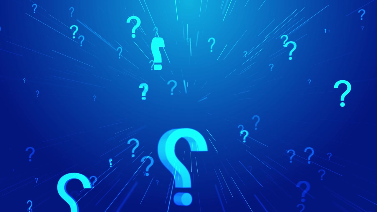 Question symbol education visual with bright cyan marks fast light trails and blue gradient depth