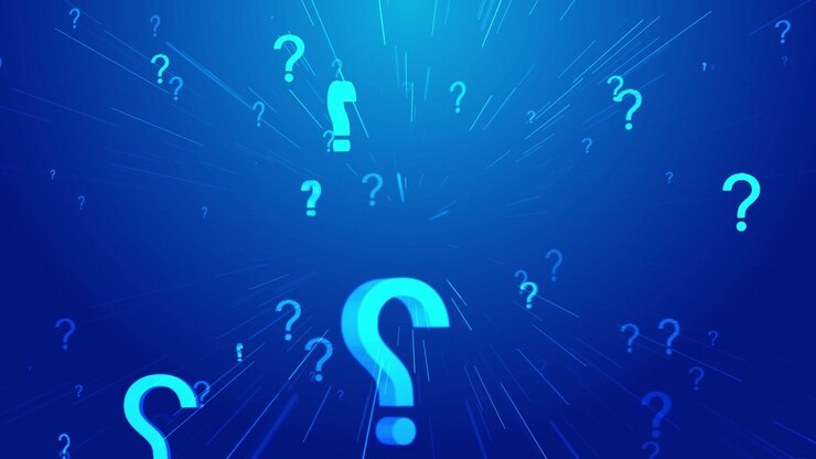 Question symbol education visual with bright cyan marks fast light trails and blue gradient depth