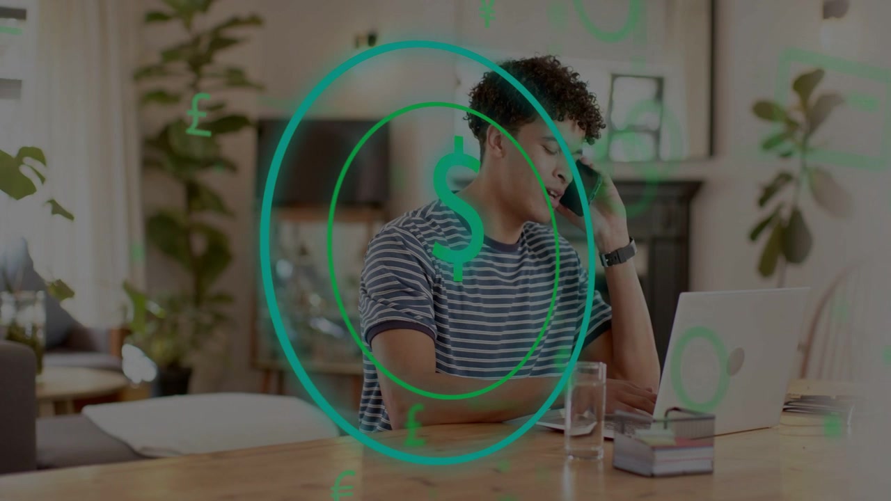 Vertical video: Man taking incoming call while using laptop, animated coin growing, talking finance