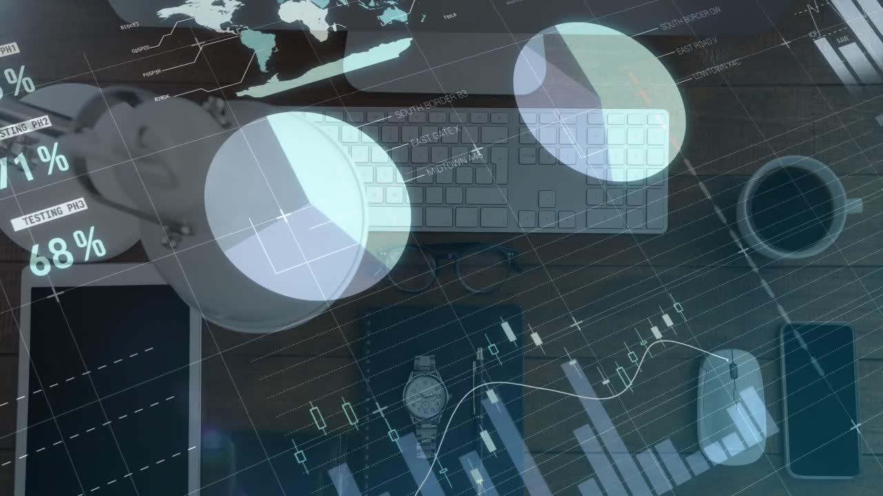 Animation of financial data processing over tablet and computer on desk