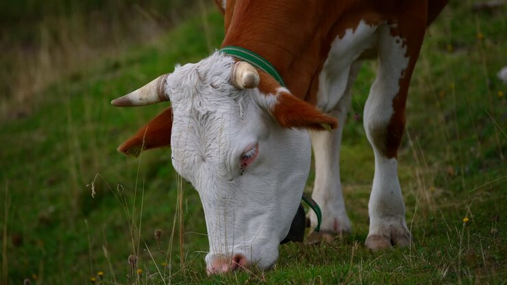Mucca europea bianca e bruna con corna, ripresa