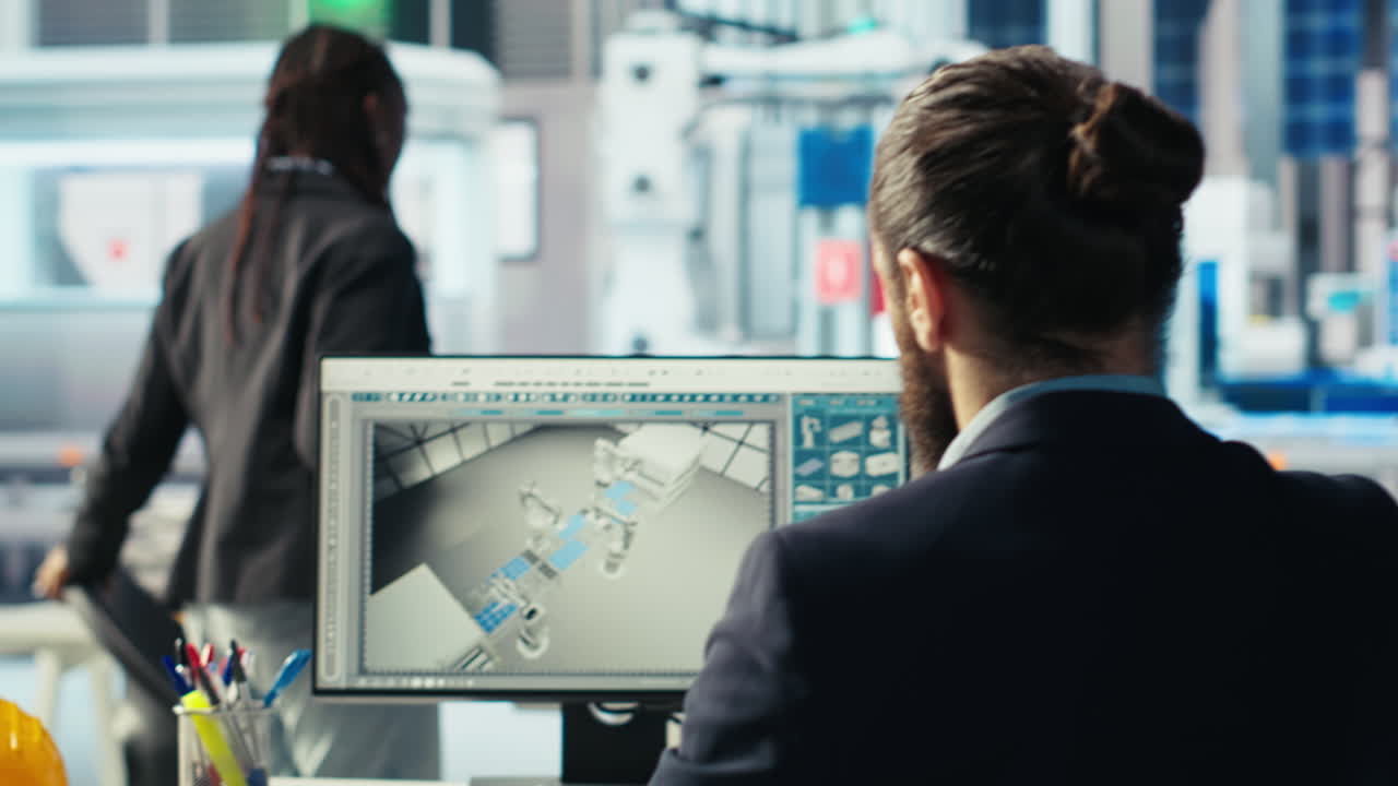 ingegnere in una fabbrica fotovoltaica beve caffè al computer e diagnostica sistemi