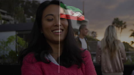 outdoors, woman smiling with iranian flag animation overlay on image