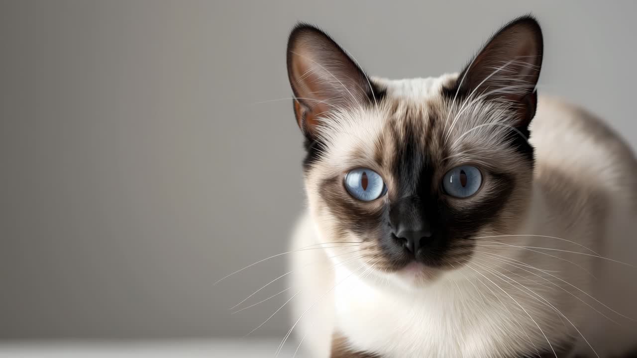 Adorable feline with striking blue eyes gazing upwards with curiosity, showcasing its beautiful fur and captivating expression against a simple background