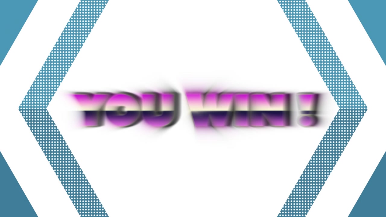 Animation of you win text over geometrical shapes on blue background