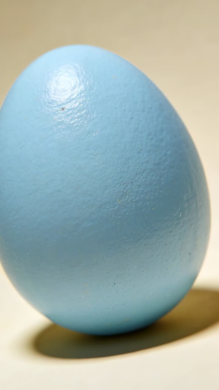 Vertical video: Camera pulling back revealing blue egg on beige table to show highlight and shadow