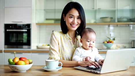 a woman is sitting at a table with a baby and a laptop